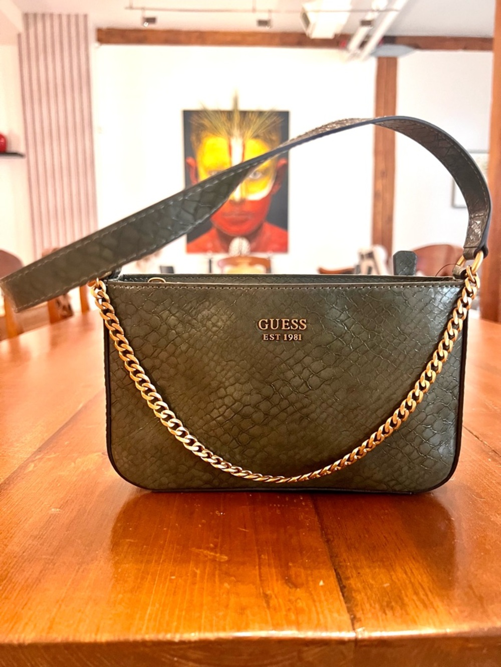 GUESS Olive Green Textured Shoulder Bag with Gold Chain